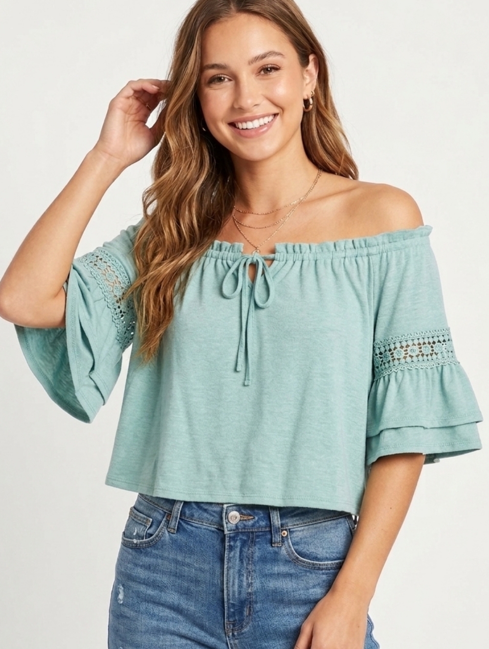 Iris Mint Green Off-Shoulder Lace-Trim Top
